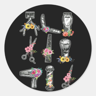 Hair Stylist Barber Tools Floral Classic Round Sticker