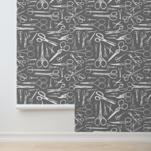 Hair Stylist Barber Vintage Scissors Pattern Grey Wallpaper