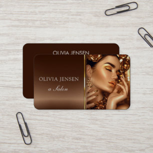Hair Stylist Beauty Girl Photo Brown & Gold Salon Business Card
