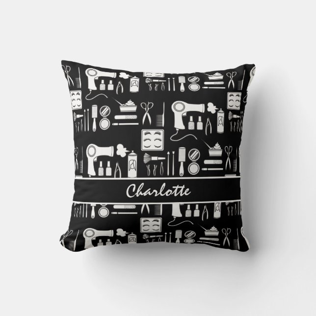 Hair Stylist Beauty Salon Black White Pattern Cushion (Front)