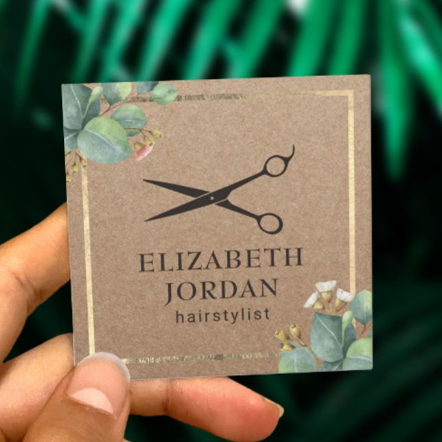 Hair Stylist Beauty Salon Foliage Rustic Kraft Square Business Card (Creator Uploaded)