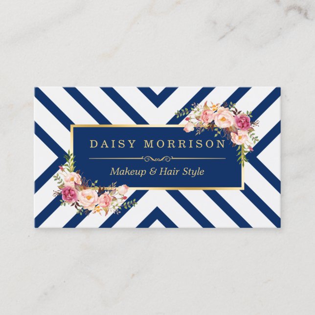 Hair Stylist Beauty Salon Gold Floral Navy Blue Business Card (Front)