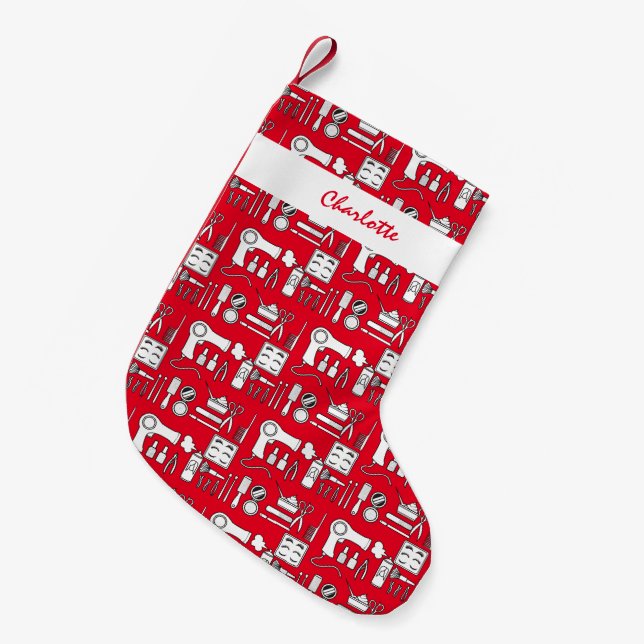 Hair Stylist Beauty Salon Red And White Small Christmas Stocking (Front (Hanging))