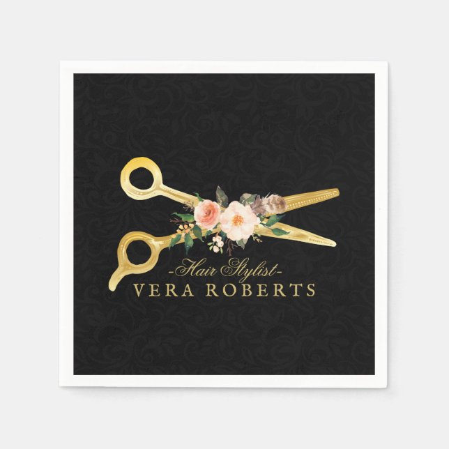 Hair Stylist black Damask Luxury Gold Scissors Napkin (Front)