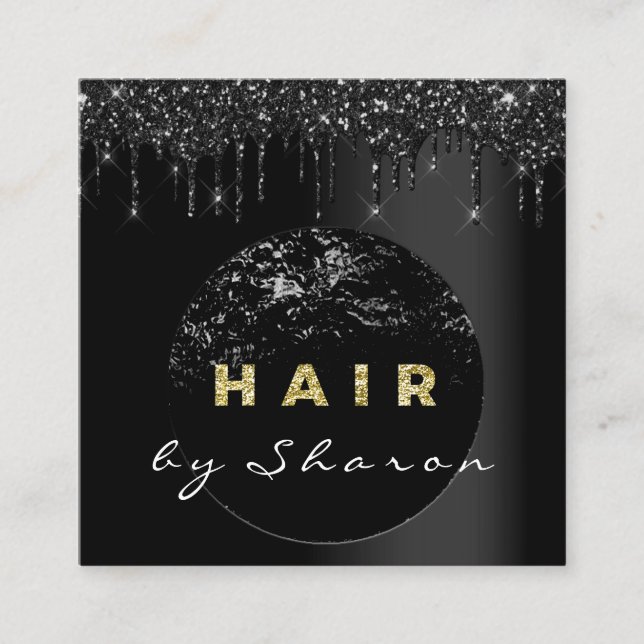 Hair Stylist Black Drips 6 Punches Glitter Square Business Card (Front)