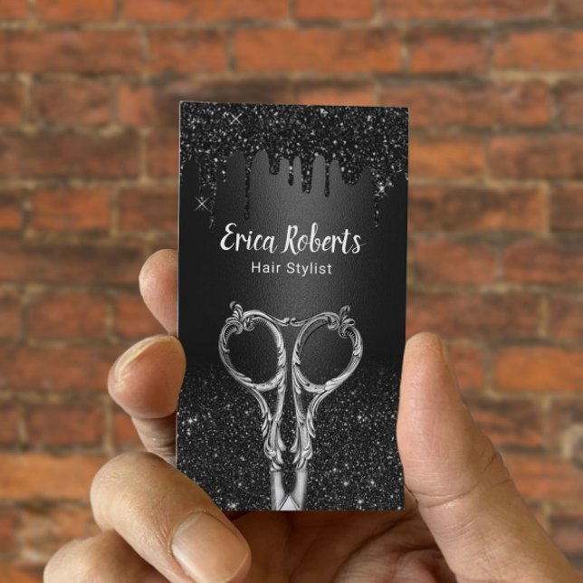 Hair Stylist Black Galaxy Glitter Drips Salon Business Card (Creator Uploaded)
