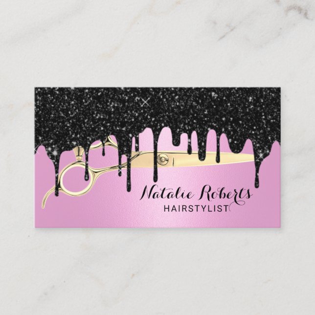 Hair Stylist Black Glitter Drips Pink Beauty Salon Business Card (Front)