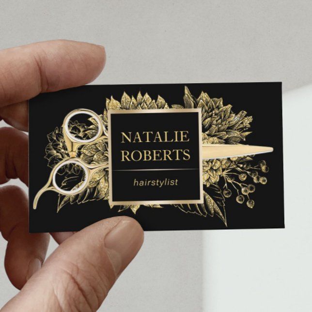 Hair Stylist Black & Gold Floral Beauty Salon Business Card (Creator Uploaded)