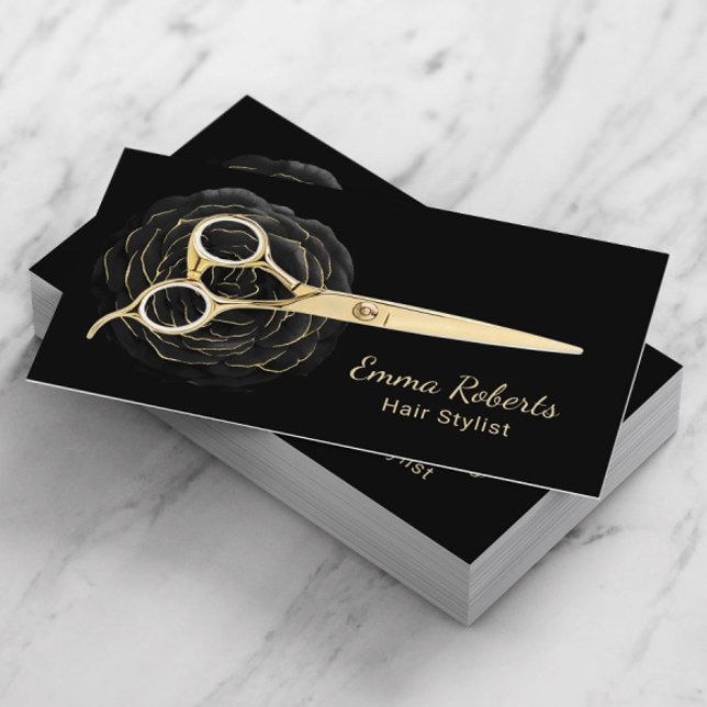 Hair Stylist Black & Gold Floral Beauty Salon Business Card (Creator Uploaded)