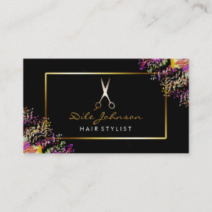 Hair Stylist Black Gold Glitter Saloon Watercolor Business Card