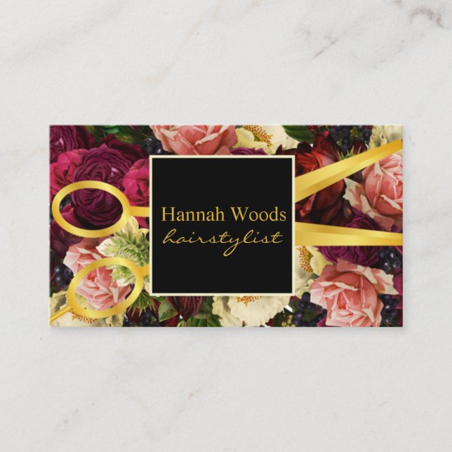 Hair Stylist Black Rich Floral Salon  Business Card (Front)