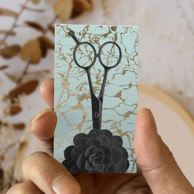 Hair Stylist Black Scissor Mint & Gold Marble Business Card (Creator Uploaded)