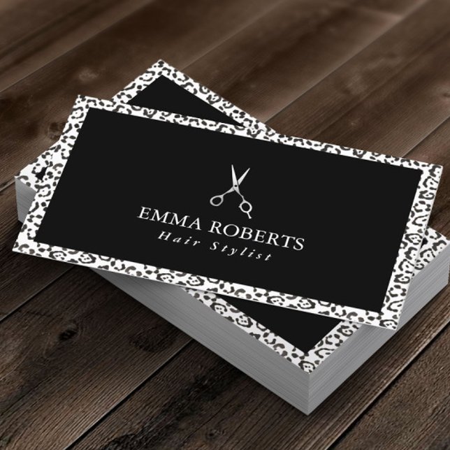 Hair Stylist Black & White Leopard Print Modern Business Card (Creator Uploaded)