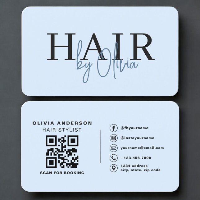 Hair Stylist Blue QR Code Professional Business Card (Creator Uploaded)