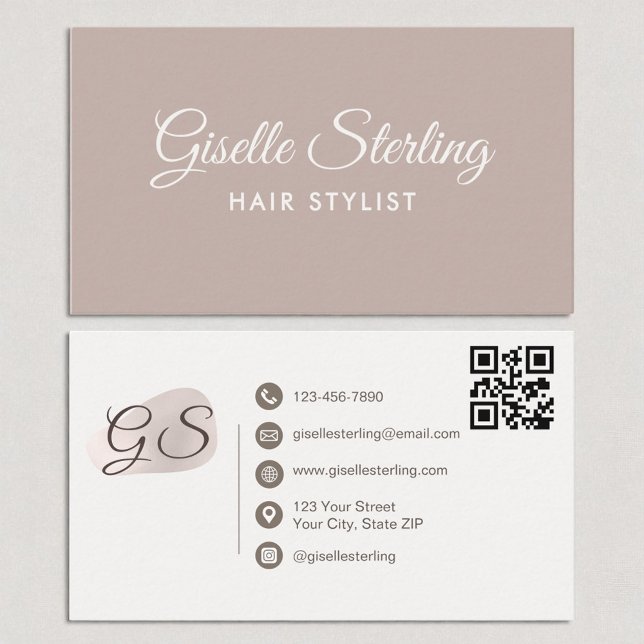 Hair Stylist Blush Mauve Modern Elegant QR Code Business Card (Creator Uploaded)