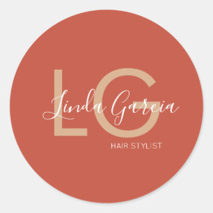  Hair Stylist Burnt Orange Beige Monogrammed     Classic Round Sticker