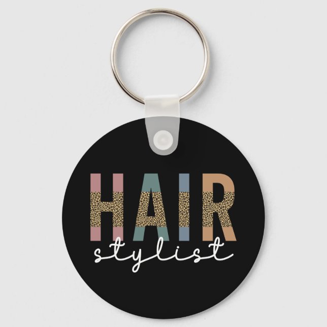 Hair Stylist Cheetah Typography Hairdresser Gift Key Ring (Front)