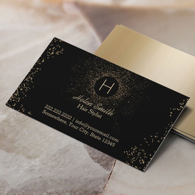 Hair Stylist Chic Gold Confetti Monogram Business Card (Creator Uploaded)