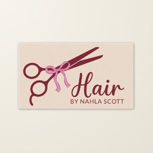 Hair Stylist Chic Pink Bow Scissors Script Business Card