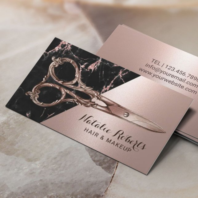 Hair Stylist Chic Rose Gold Marble Beauty Salon Business Card (Creator Uploaded)
