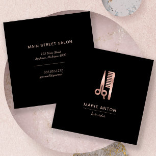 Hair Stylist Chic Rose Gold Scissor Comb Black Square Business Card