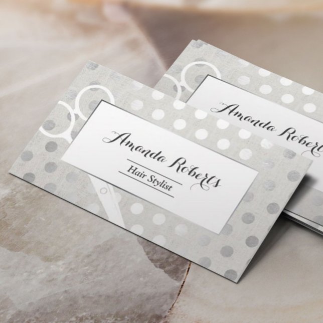 Hair Stylist Chic Silver Dots Elegant Linen Business Card (Creator Uploaded)