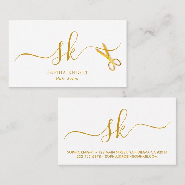 Hair Stylist Custom Gold Script Scissors Monogram Business Card (Front/Back)
