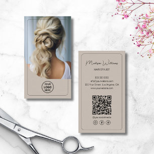 Hair Stylist Custom Logo Photo QR Code Beige Business Card