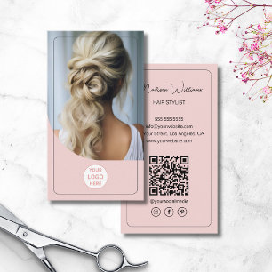 Hair Stylist Custom Logo Photo QR Code Pink Business Card