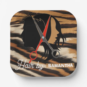 Hair Stylist Custom Name Tiger Print Salon Bag Paper Plate