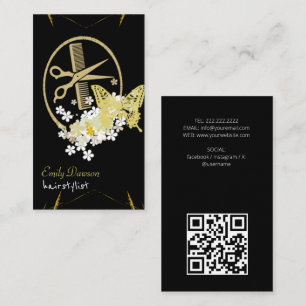 Hair Stylist Cute Scissor & Butterflies QR Code Bu Business Card