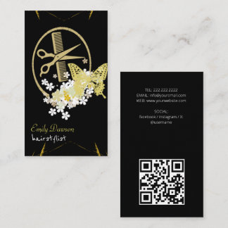 Hair Stylist Cute Scissor & Butterflies QR Code Bu Business Card