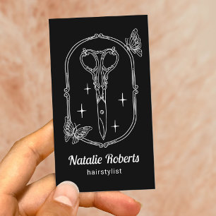 Hair Stylist Cute Scissor & Butterfly Doodle Black Business Card