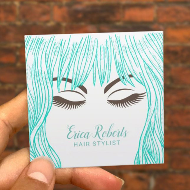 Hair Stylist Cute Teal Hair Girl Beauty Salon Square Business Card (Creator Uploaded)