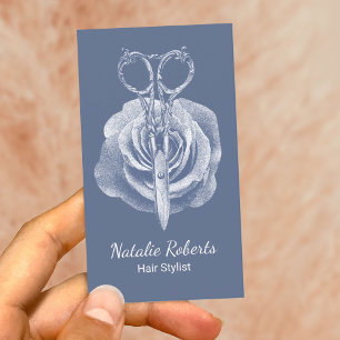 Hair Stylist Dusty Blue Scissor & Flower Salon Business Card