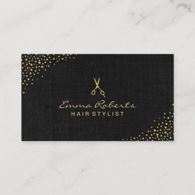 Hair Stylist Elegant Dark Linen Chic Gold Scissor Business Card (Front)