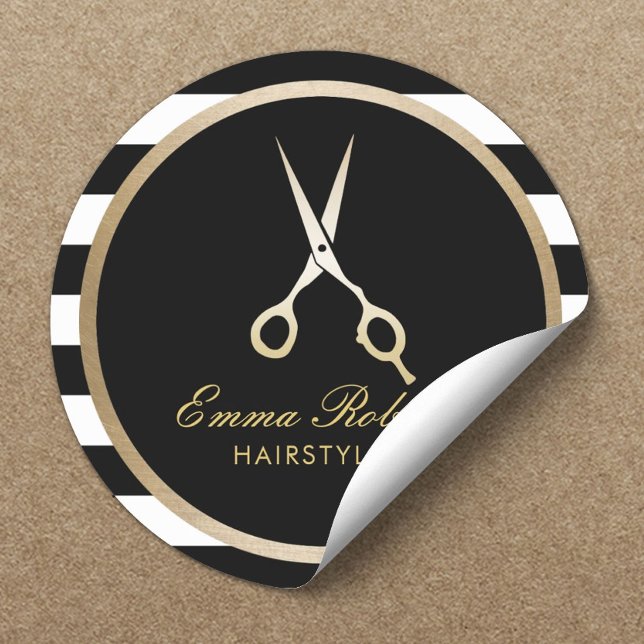 Hair Stylist Elegant Gold Scissor Modern Stripes Classic Round Sticker (Creator Uploaded)