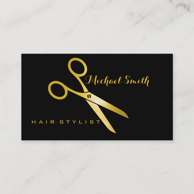 Hair Stylist Elegant Gold Scissors Salon Business Card (Front)