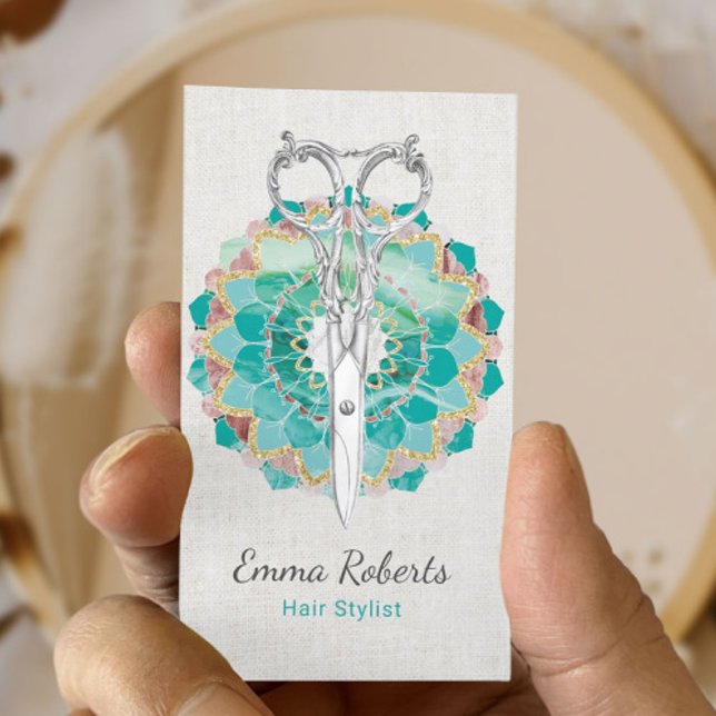 Hair Stylist Elegant Scissor Mandala Flower Salon Business Card (Creator Uploaded)