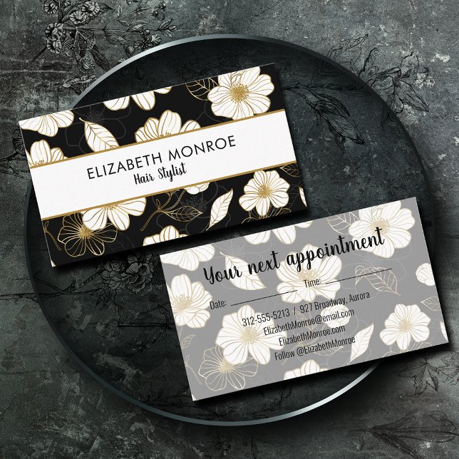 Hair Stylist Floral Black Appointment Card (Creator Uploaded)