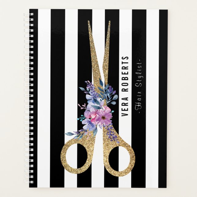 Hair Stylist floral Glitter Scissor Beauty Salon Planner (Front)