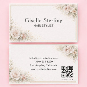Hair Stylist Floral Neutral QR Code Professional Business Card