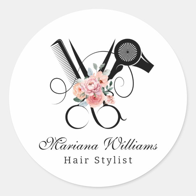 hair stylist floral Scissors beauty salon elegant Classic Round Sticker (Front)
