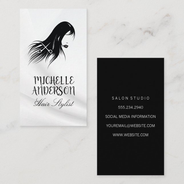 Hair Stylist | Flowing Black Hair Business Card (Front/Back)