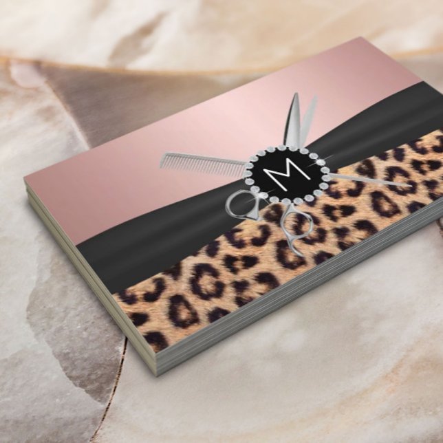 Hair Stylist Foil Rose Gold Monogram Leopard Business Card (Creator Uploaded)