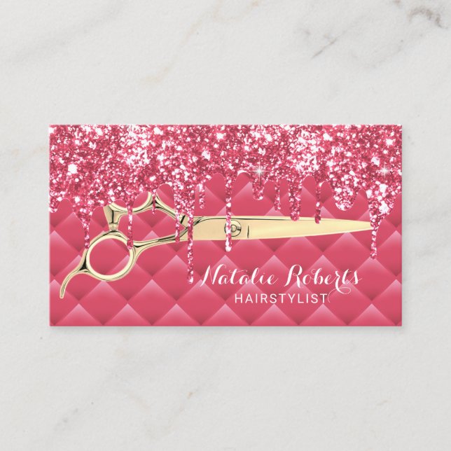 Hair Stylist Girly Pink Glitter Drips Beauty Salon Business Card (Front)
