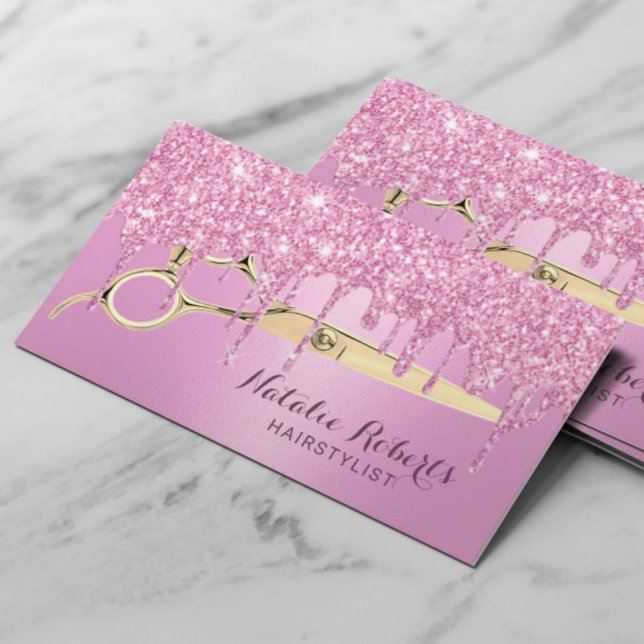 Hair Stylist Girly Pink Glitter Drips Beauty Salon Business Card (Creator Uploaded)