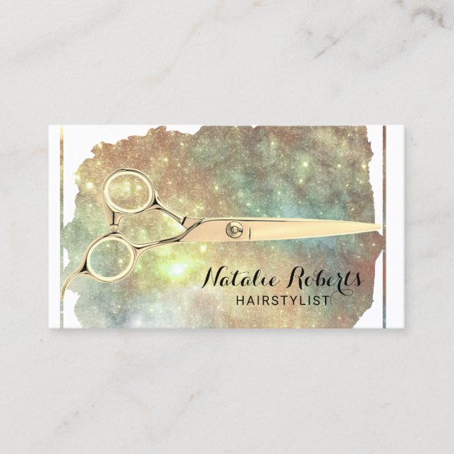 Hair Stylist Glam Glitter Gold Scissor Salon  Business Card (Front)