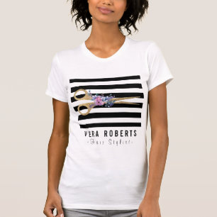 Hair Stylist Glitter Scissor Beauty Striped Floral T-Shirt