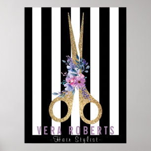 Hair Stylist Glitter Scissor & Beauty Striped Poster